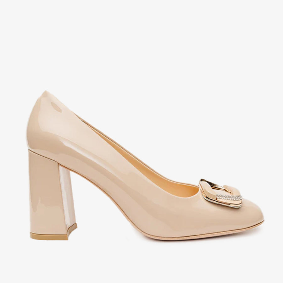 The Ferrara Cream Patent Leather Block Heel Pump Women Shoe - Glamourous Grace