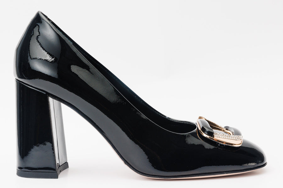 The Ferrara Black Patent Leather Block Heel Pump Women Shoe - Glamourous Grace