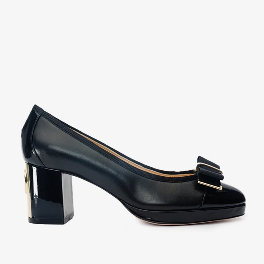 The Fano Black Leather Cap Toe Block Heel Pump Women Shoe - Glamourous Grace