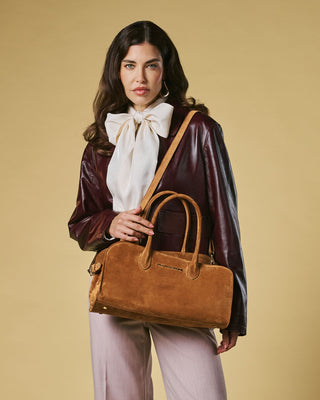 Chiara (cognac) - Italian calf suede women's handbag (with shoulder strap) - Glamourous Grace