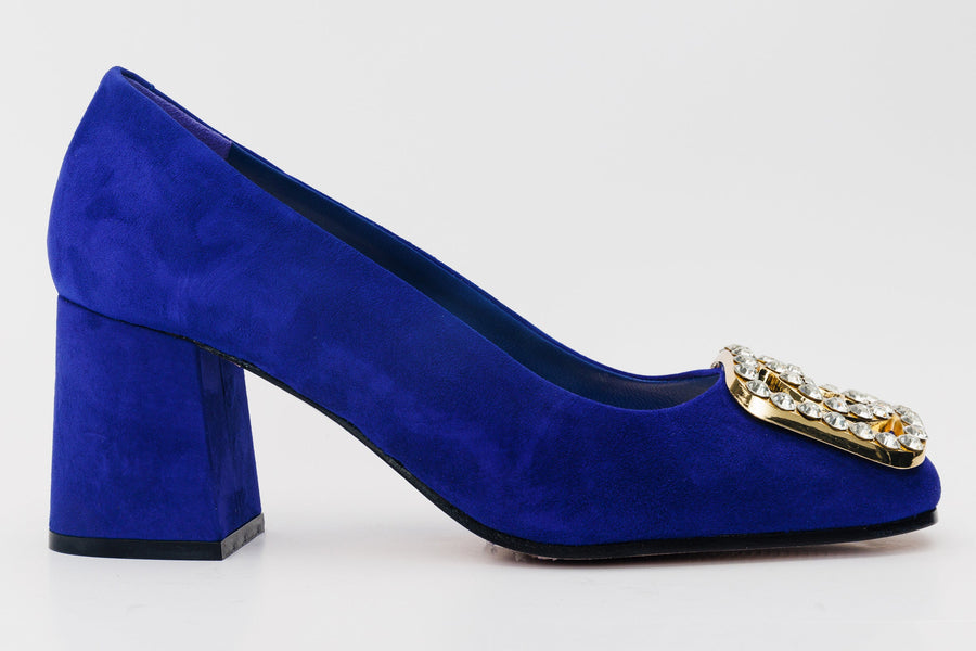 The California Sax Blue Suede Leather Block Heel Pump Women Shoe - Glamourous Grace