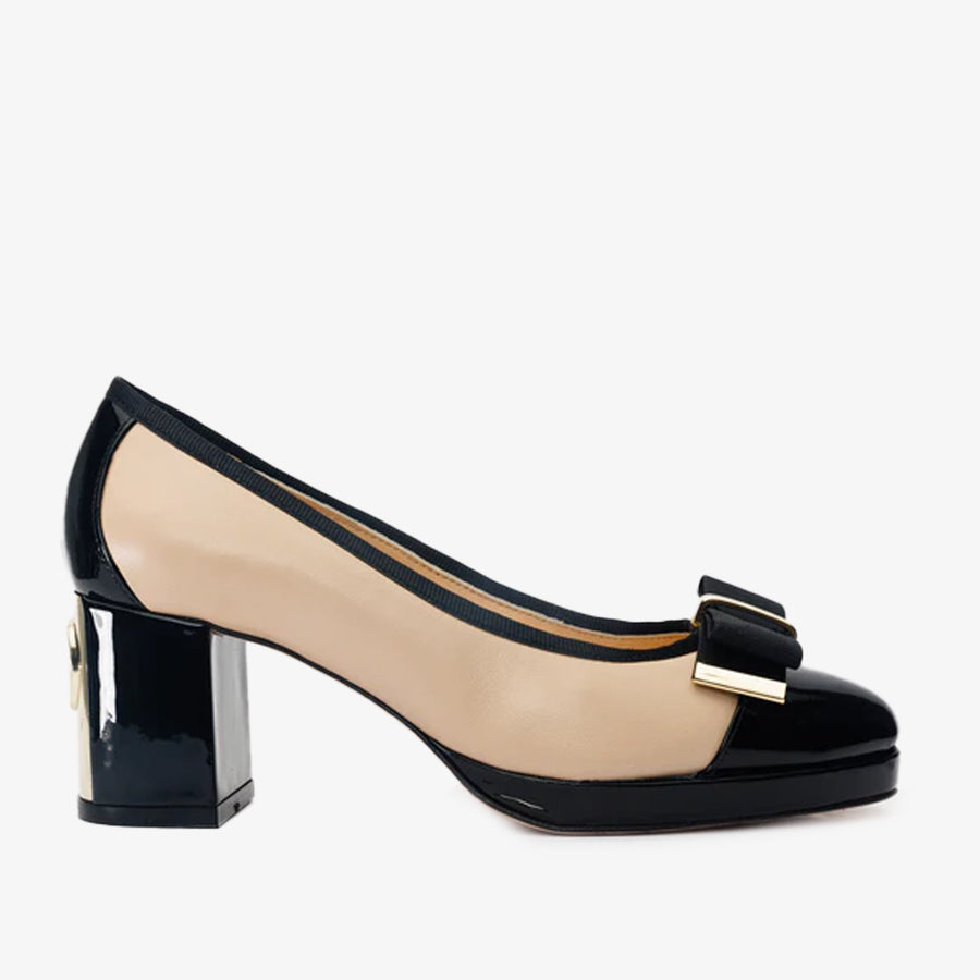 The Fano Beige Leather Cap Toe Block Heel Pump Women Shoe - Glamourous Grace