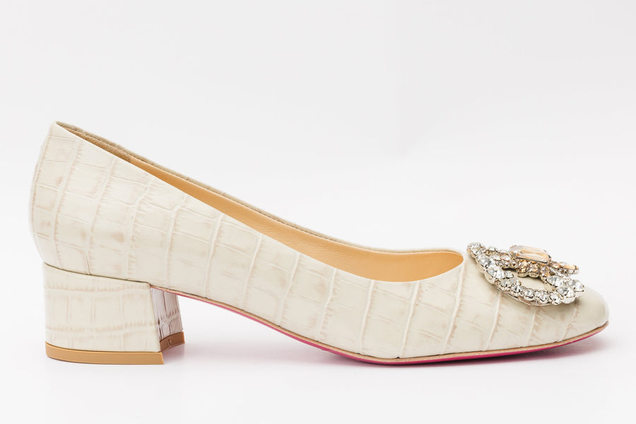 The Foggia Cream Leather Block Heel Pump Women Shoe - Glamourous Grace