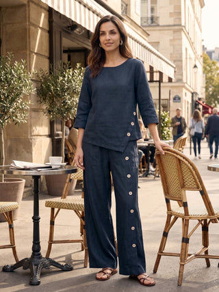 LINTICO 100% linen asymmetric-hem button-trim top, stylish and lightweight, shown in natural fabric with button details and casual fit.