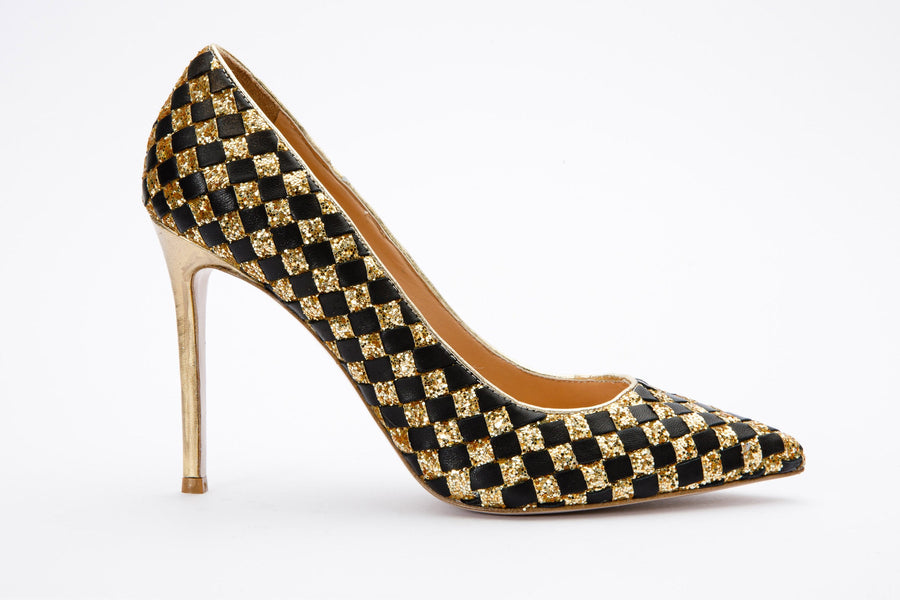 The Saks Tory Gold & Black Handwoven Leather Pump Women Shoe - Glamourous Grace