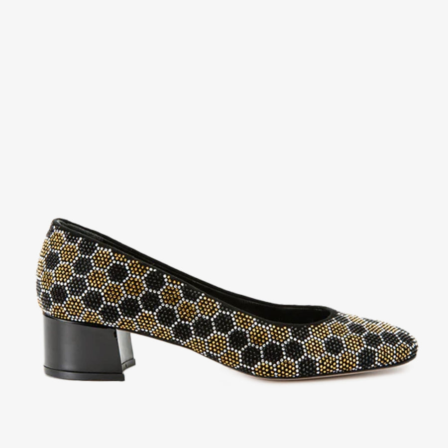 The Doha Gold & Black Glitter Leather Block Pump Women Shoe - Glamourous Grace