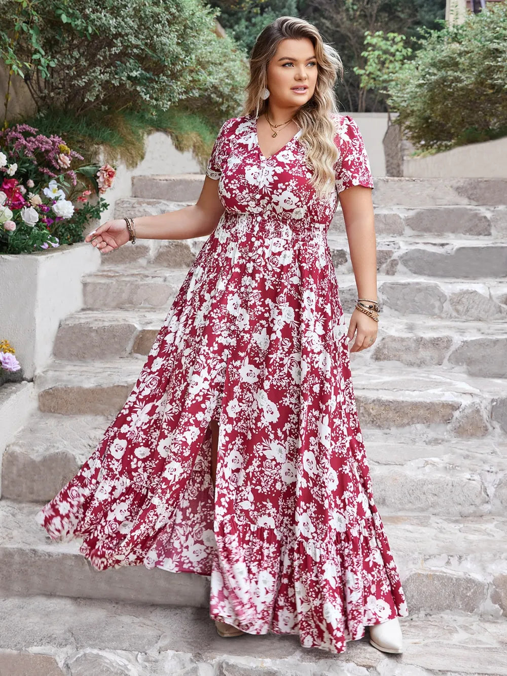 Plus Size Slit Printed V-Neck Maxi Dress - Glamourous Grace