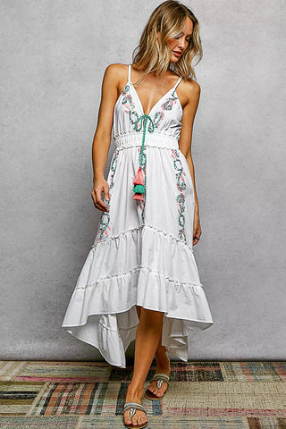 POL Embroidered Detail Tassel Tie Smocked Waist Midi Tiered Cami Dress - Glamourous Grace