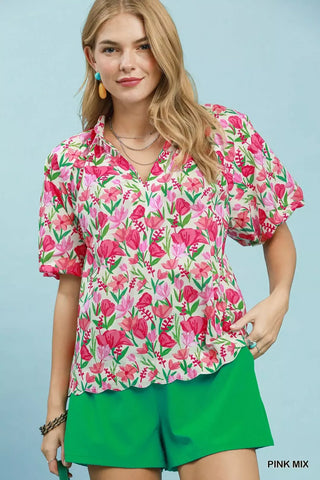 Umgee Floral Puff Sleeve Blouse with Scalloped Details - Glamourous Grace