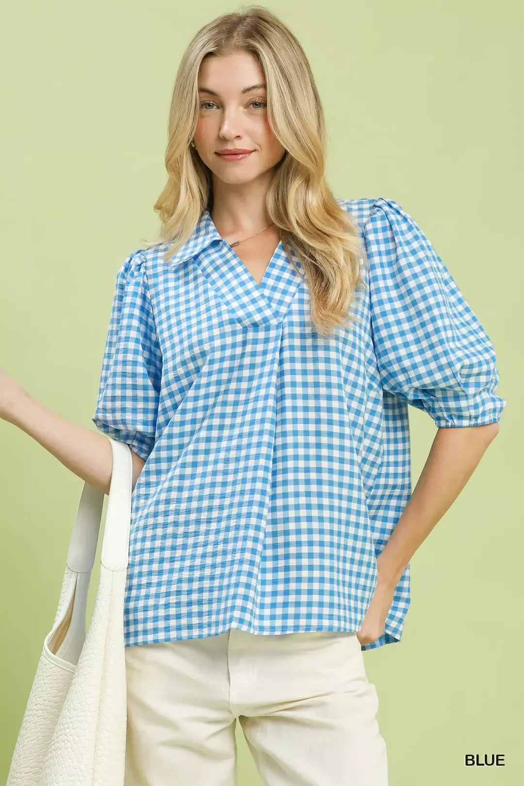 Umgee Gingham Puff Sleeve Collared Blouse - Glamourous Grace
