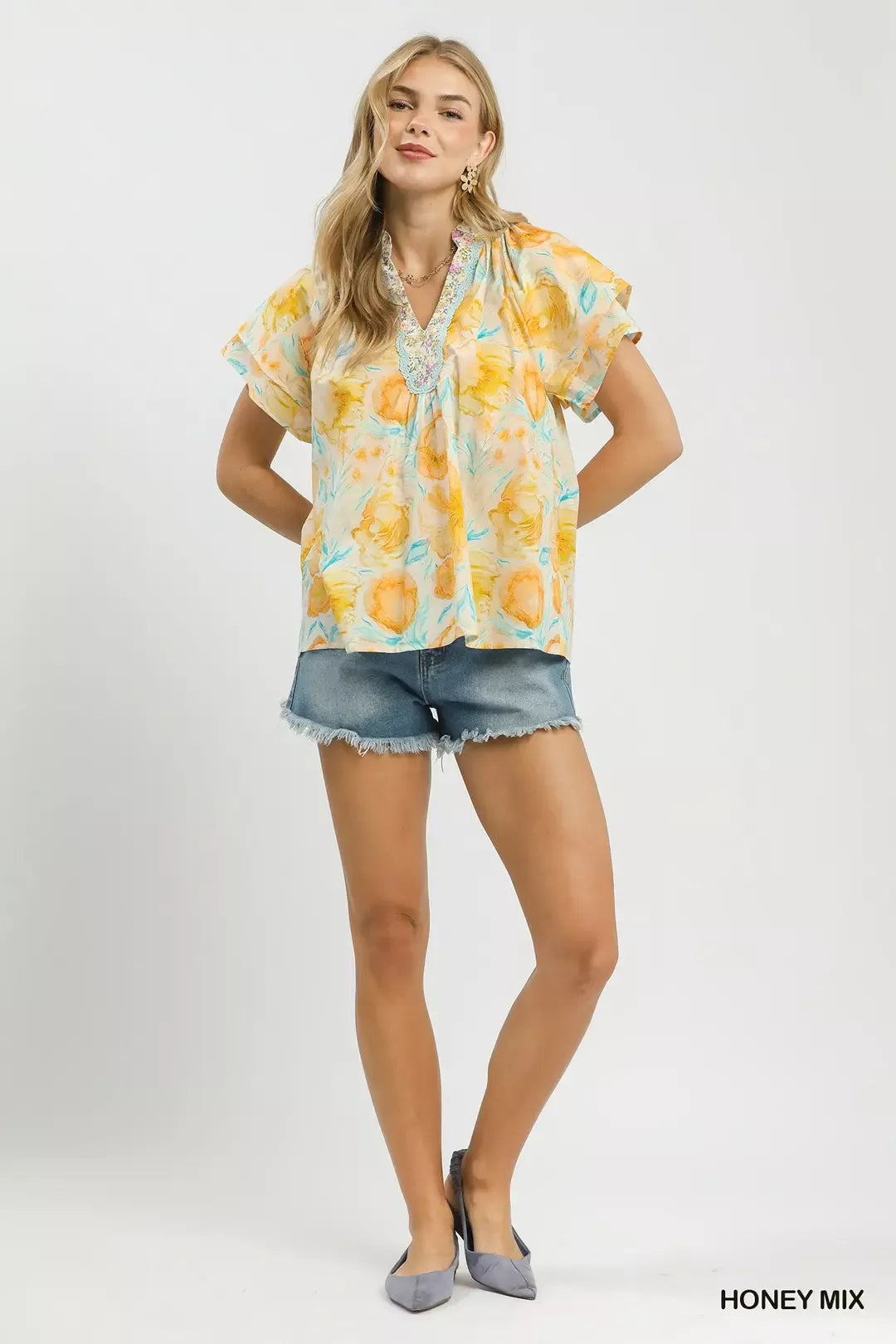 Umgee Mix Floral Print Blouse with Crochet Lace Trim - Glamourous Grace