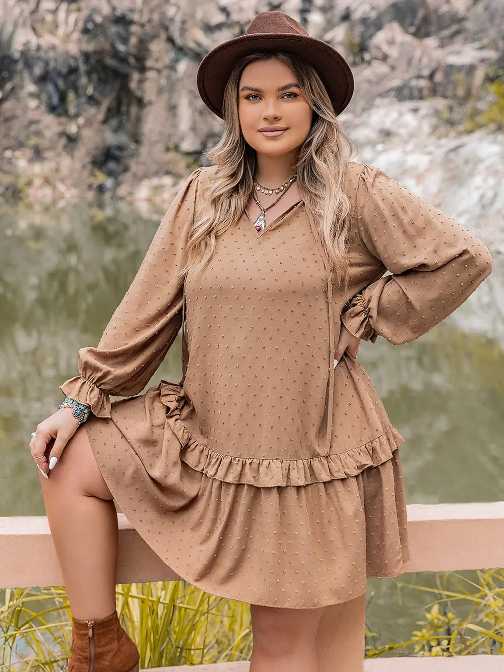 Plus Size Dot Flounce Sleeve Mini Dress - Glamourous Grace
