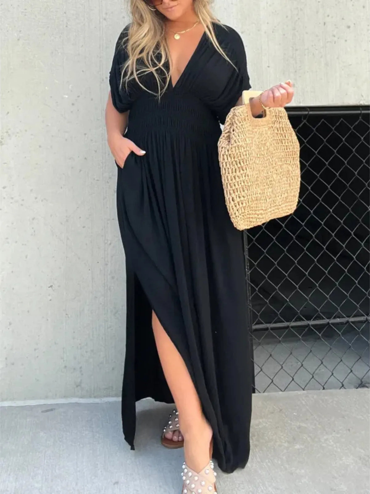 Full Size Deep V-Neck Maxi Dress with Side Slit Plus Size - Glamourous Grace