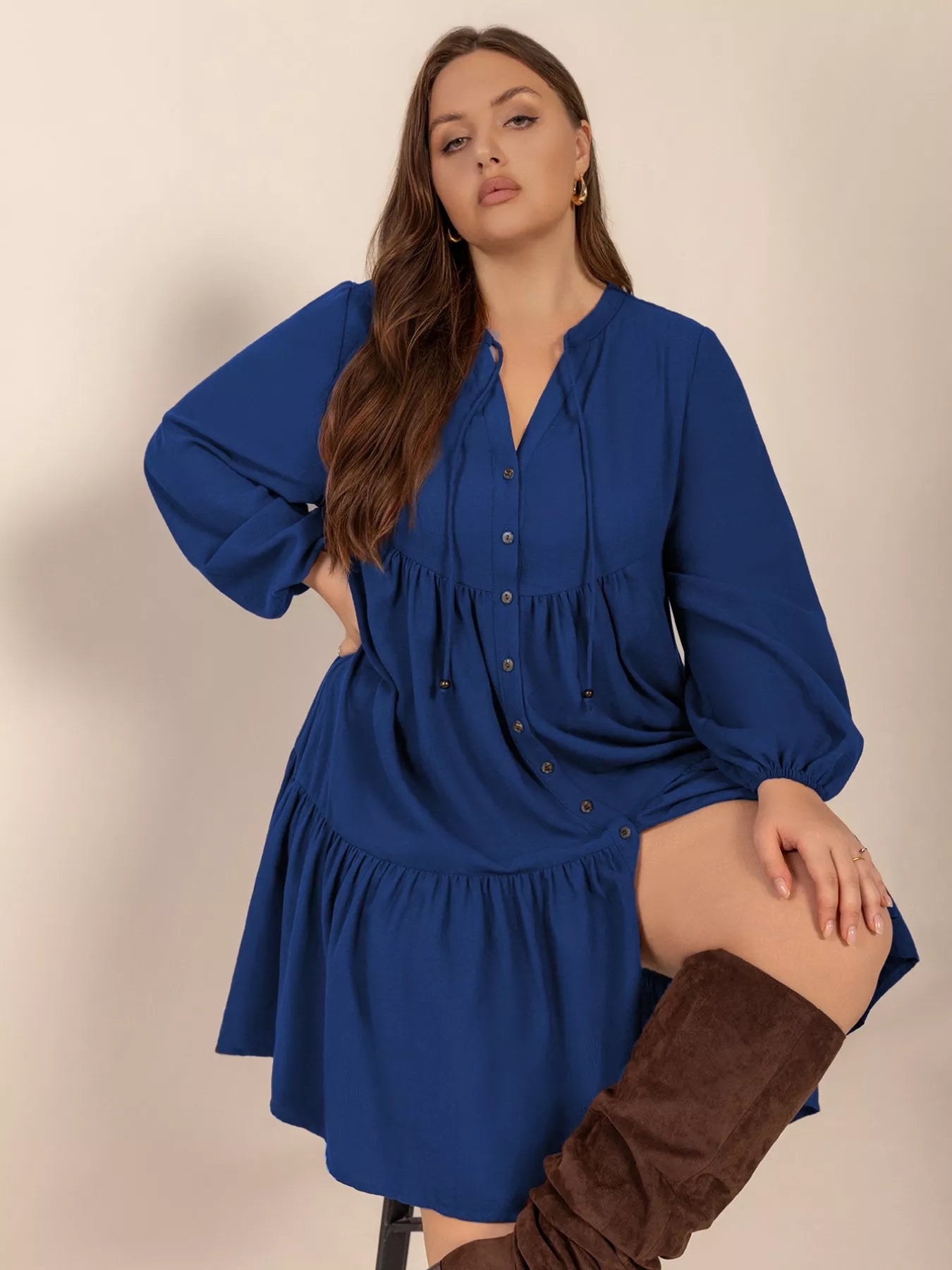 Plus Size Tie Neck Balloon Sleeve Dress - Glamourous Grace