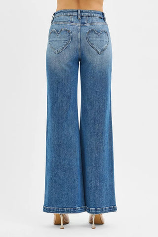 RISEN High Rise Wide Leg Jenas with Front Yoke and Heart Back Pocket