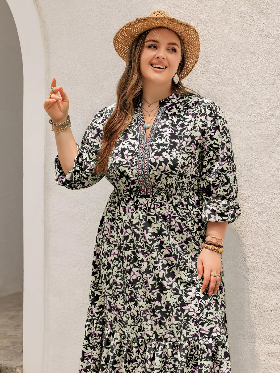 Plus Size Floral Print Long Sleeve Tiered Maxi Dress - Glamourous Grace