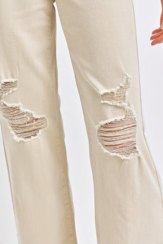 Judy Blue High Waisted Distressed Wide Leg Bone White Denim Jeans