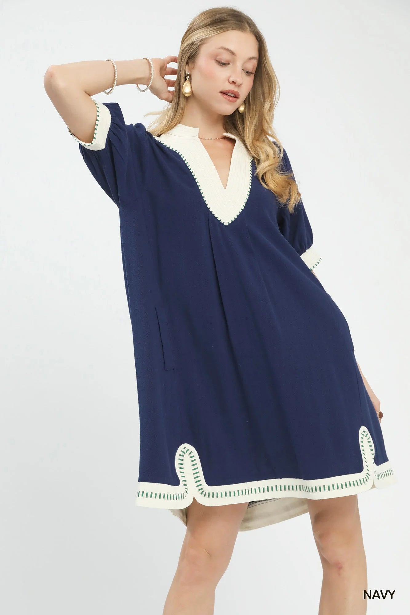 Umgee Linen Contrast Trim Midi Dress in Navy - Glamourous Grace