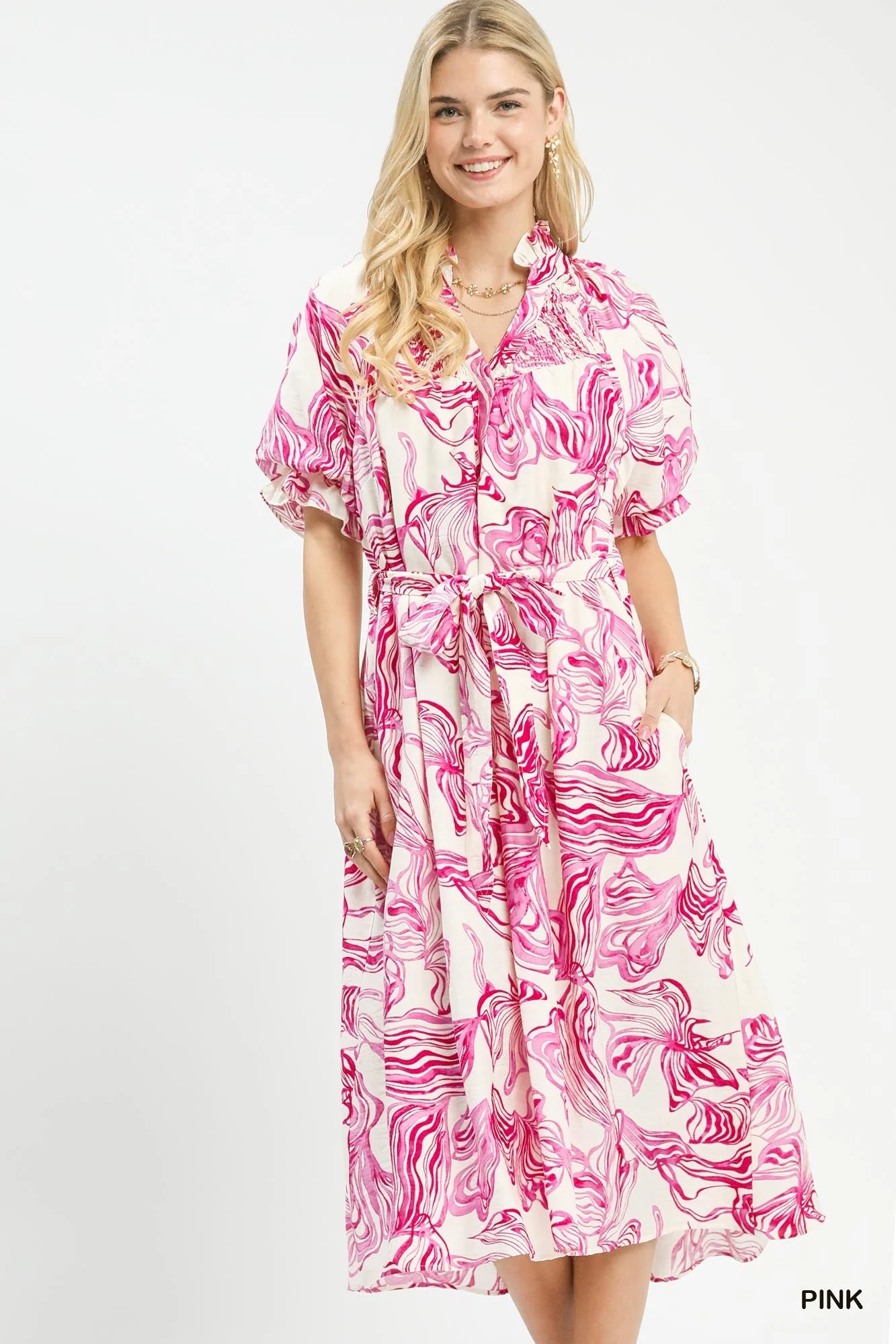 Umgee Abstract Print Smocked Tie Waist Midi Dress - Glamourous Grace