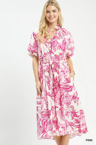 Umgee Abstract Print Smocked Tie Waist Midi Dress - Glamourous Grace