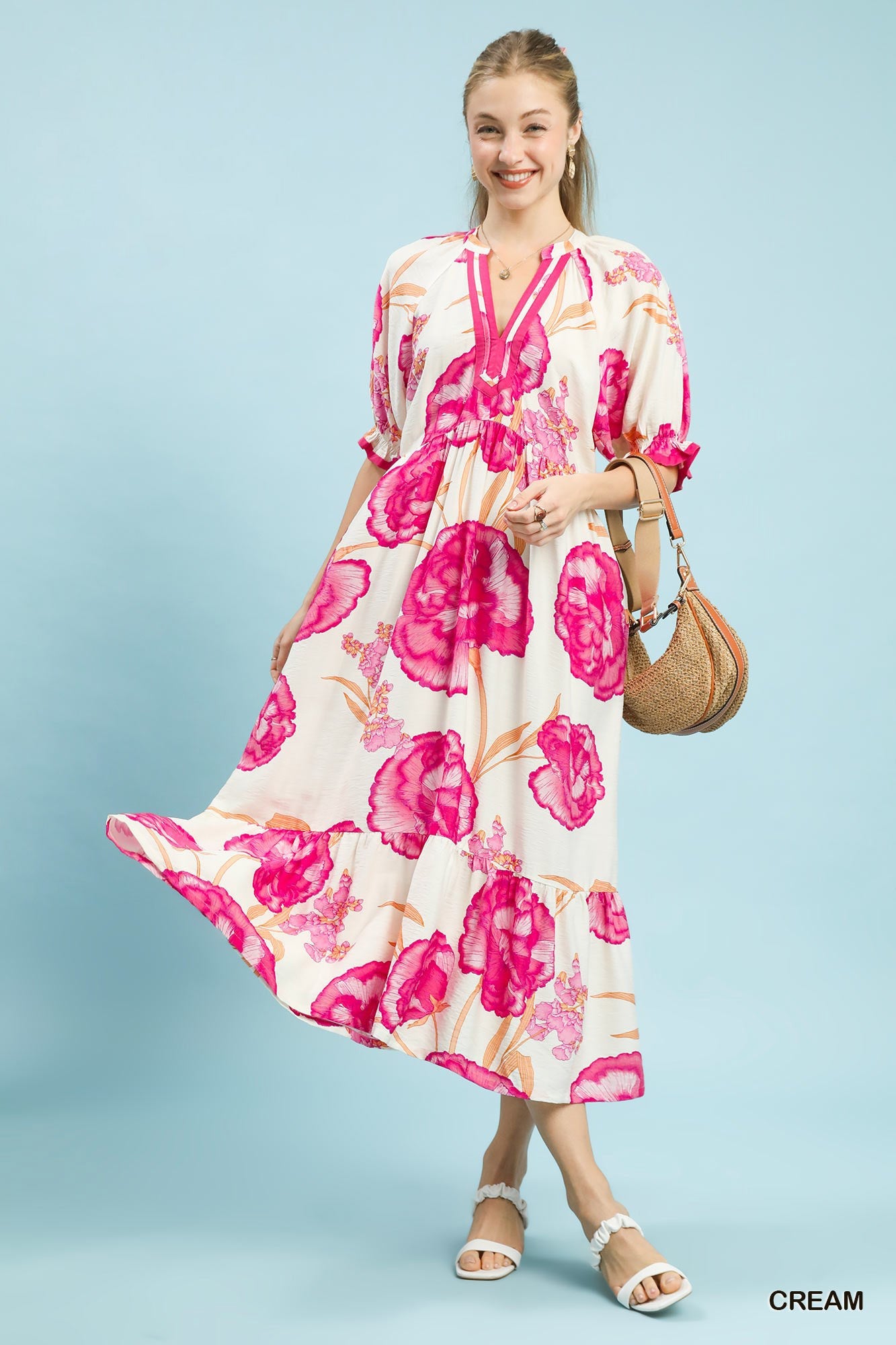 Umgee Floral Print Midi Dress with Contrast Trim - Glamourous Grace