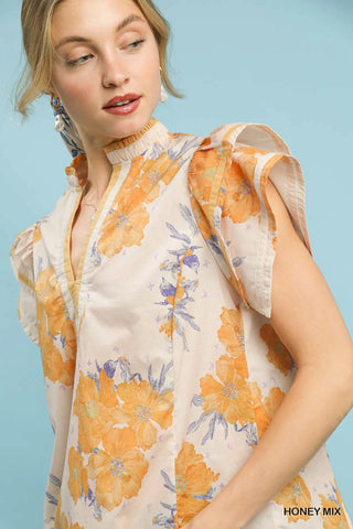 Umgee Mix Floral Ruffle Sleeve Blouse in Honey - Glamourous Grace
