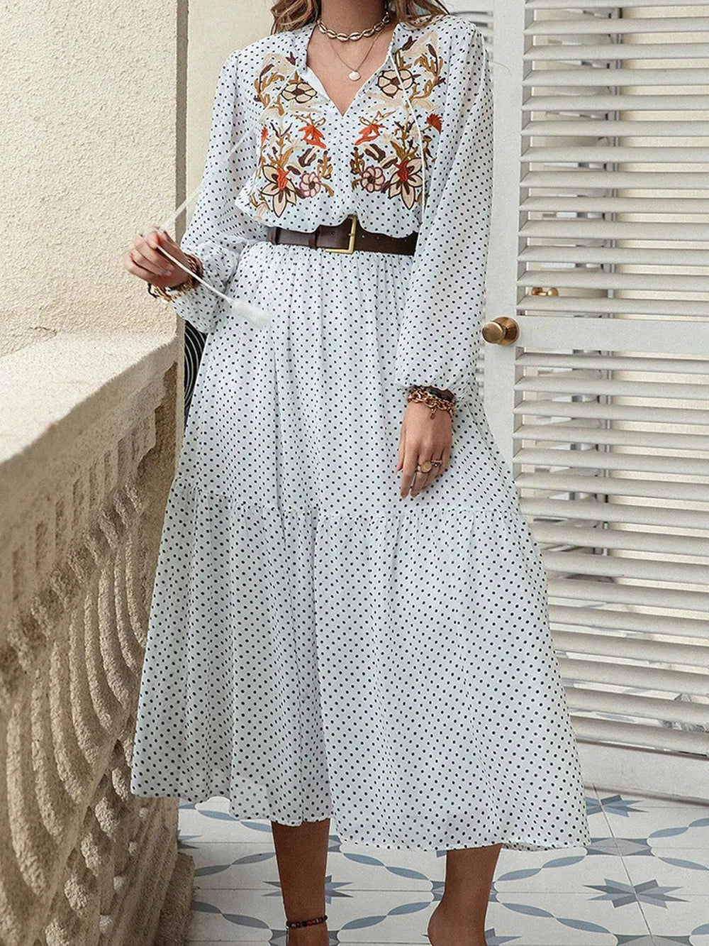 Plus Size Printed Tie Neck Long Sleeve Midi Dress - Glamourous Grace