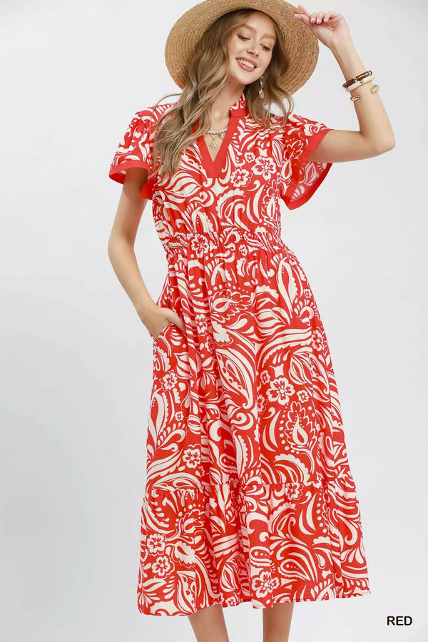 Umgee Paisley Print Midi Dress with Side Pockets - Glamourous Grace