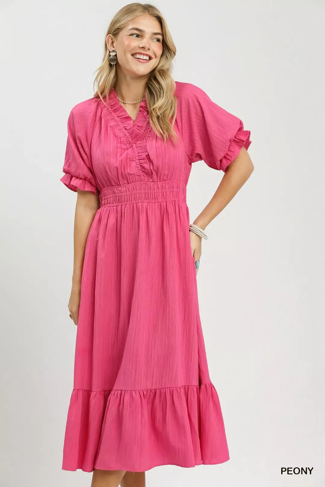 Umgee Ruffle V-Neck Midi Dress - Glamourous Grace