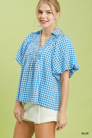 Umgee Smocked Yoke Puff Sleeve Gingham Blouse in Blue - Glamourous Grace