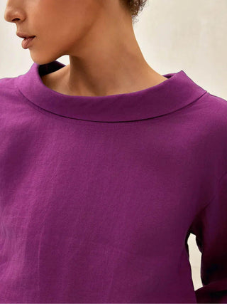 LINTICO 100% linen draped neck top, stylish blouse with a relaxed fit and elegant draping, perfect for casual or dressy wear.