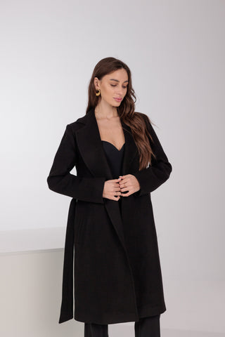 Geneva Classic Wraparound Wool Blend Overcoat in Black