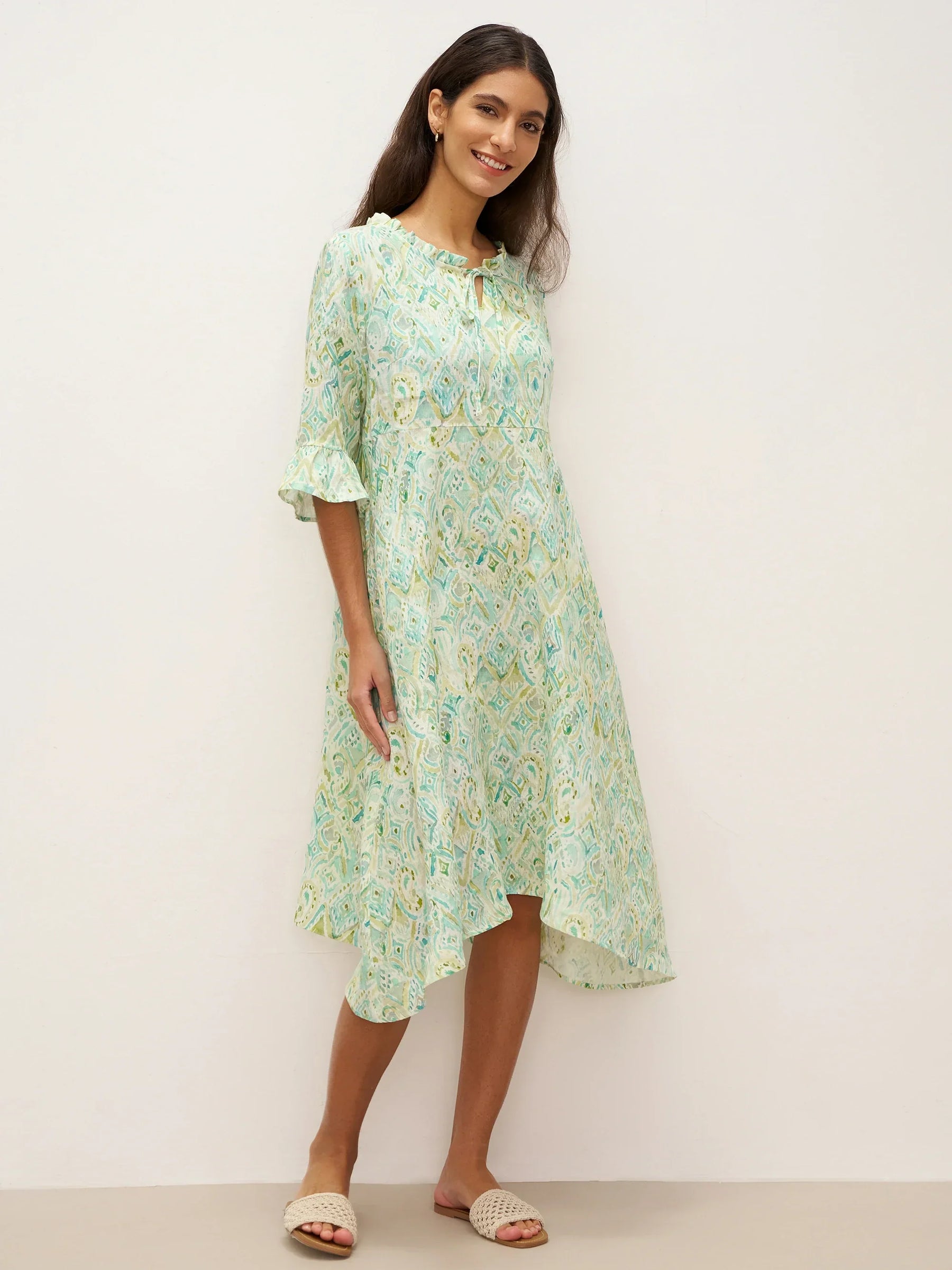 100% Linen A-Line Ruffled Collar Tie-Neck Midi Dress LIVIA - Glamourous Grace