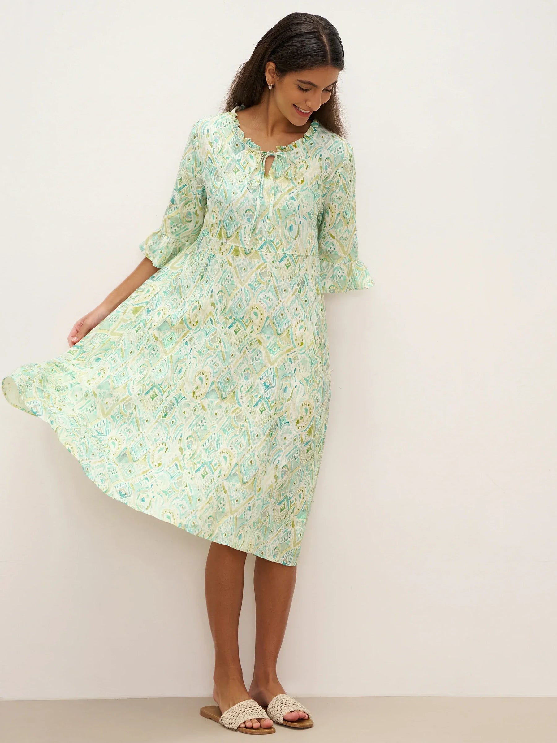 100% Linen A-Line Ruffled Collar Tie-Neck Midi Dress LIVIA - Glamourous Grace
