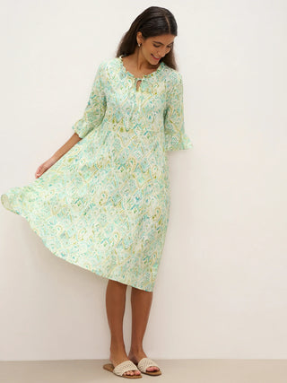 100% Linen A-Line Ruffled Collar Tie-Neck Midi Dress LIVIA