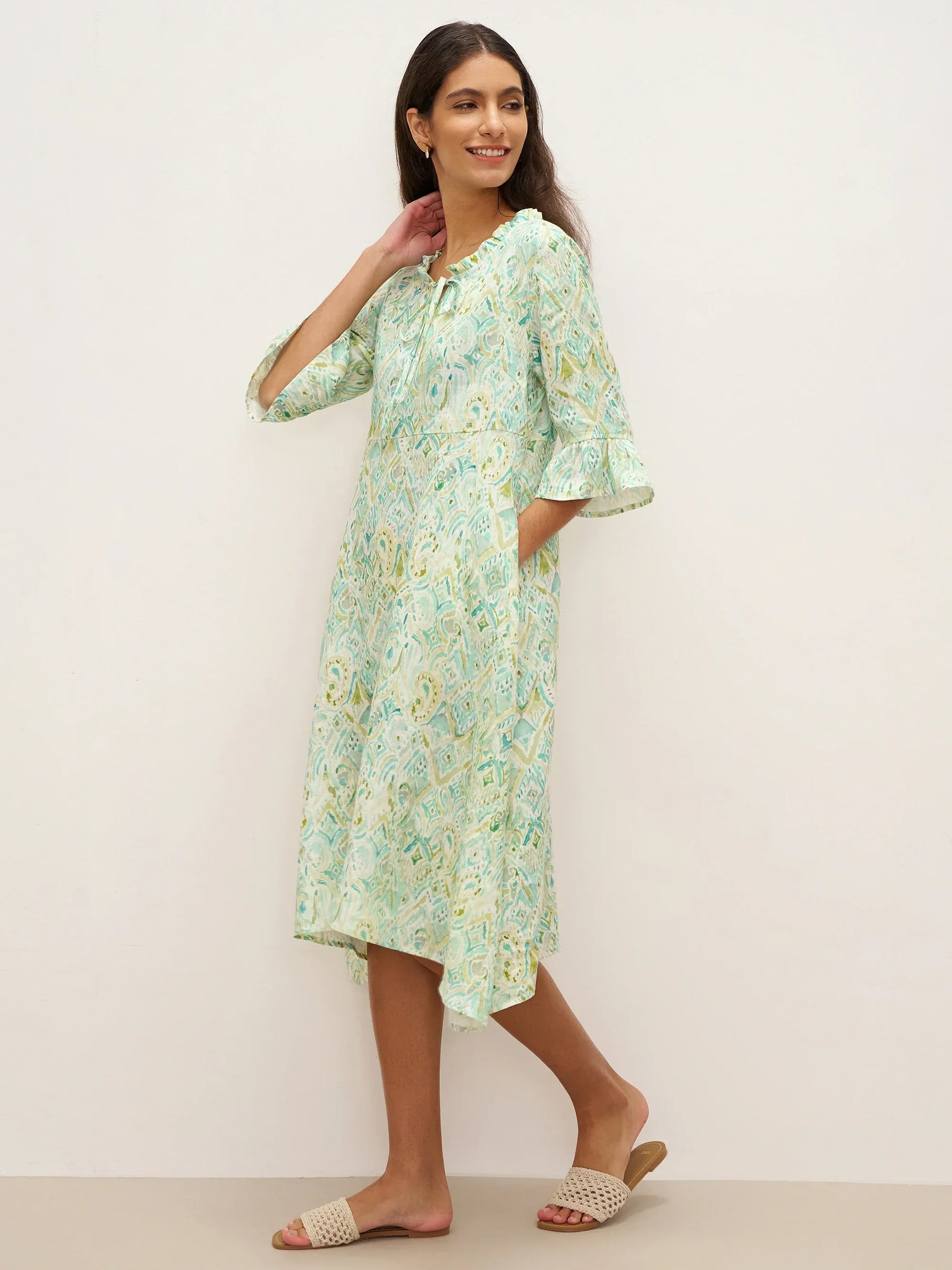 100% Linen A-Line Ruffled Collar Tie-Neck Midi Dress LIVIA - Glamourous Grace
