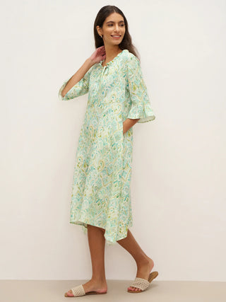 100% Linen A-Line Ruffled Collar Tie-Neck Midi Dress LIVIA