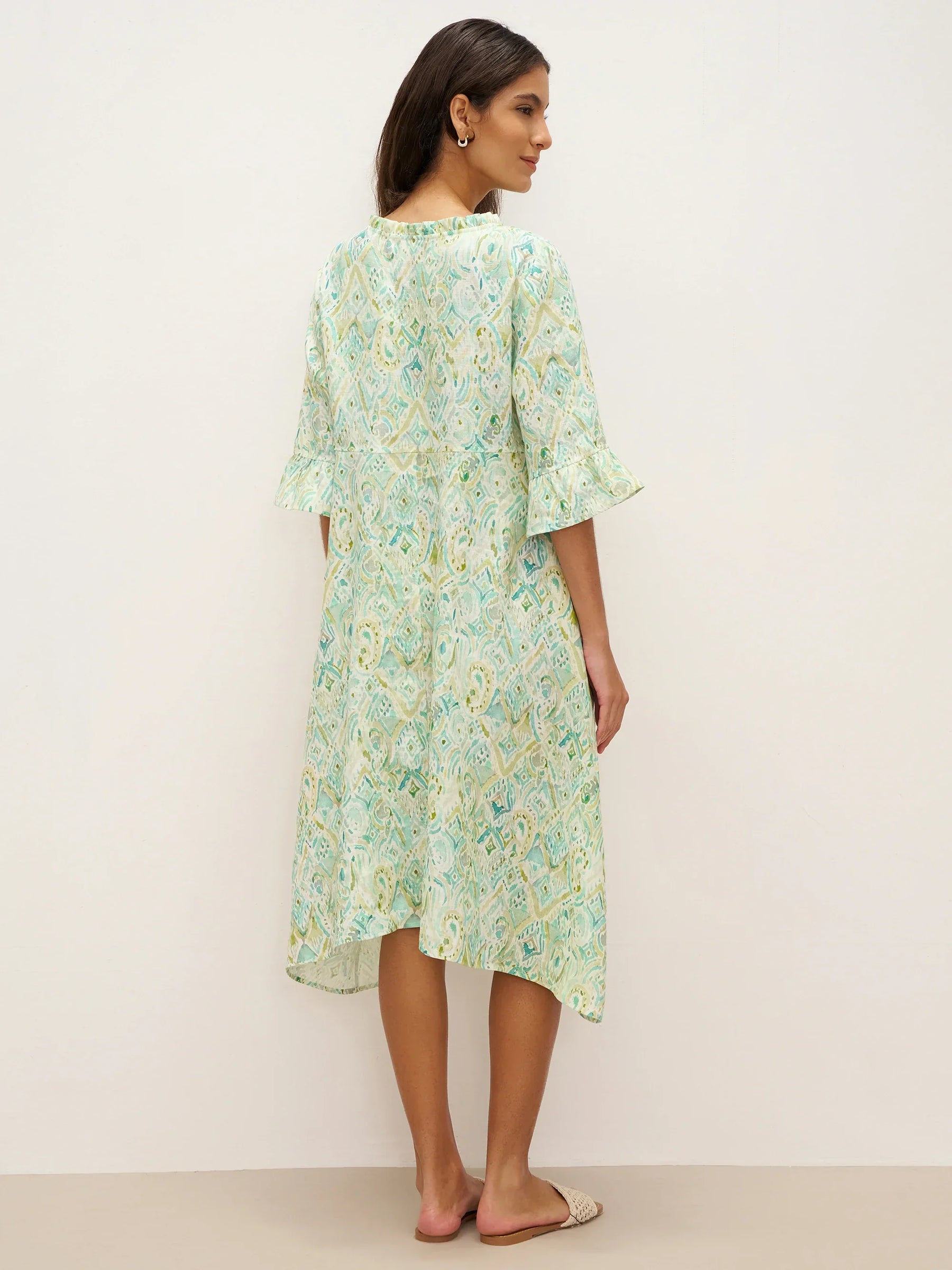 100% Linen A-Line Ruffled Collar Tie-Neck Midi Dress LIVIA - Glamourous Grace