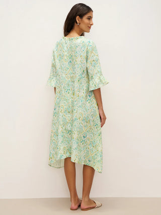 100% Linen A-Line Ruffled Collar Tie-Neck Midi Dress LIVIA