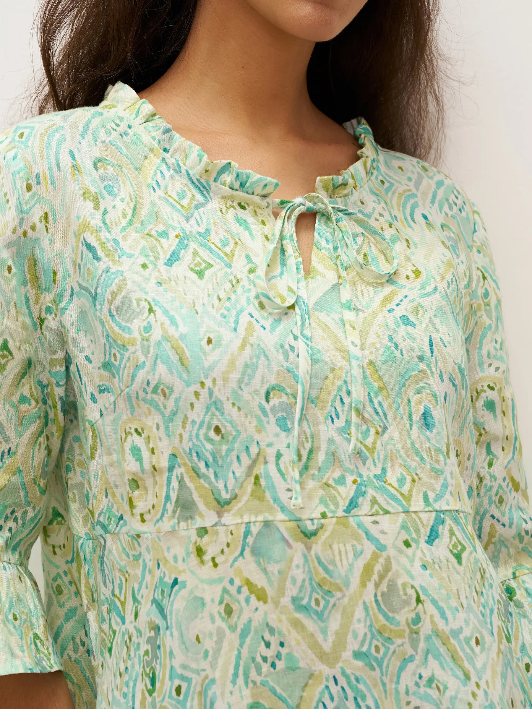 100% Linen A-Line Ruffled Collar Tie-Neck Midi Dress LIVIA - Glamourous Grace