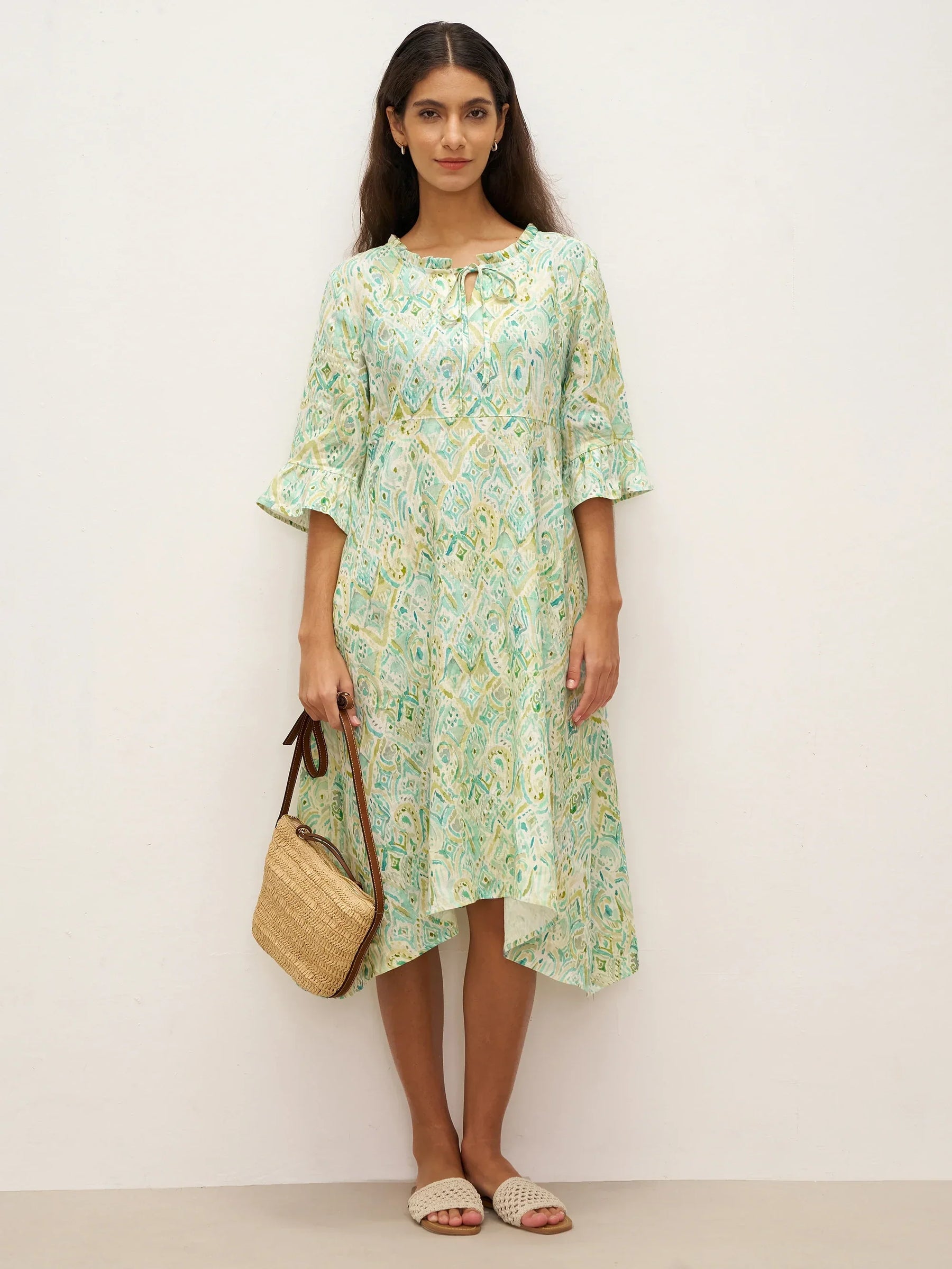 100% Linen A-Line Ruffled Collar Tie-Neck Midi Dress LIVIA - Glamourous Grace