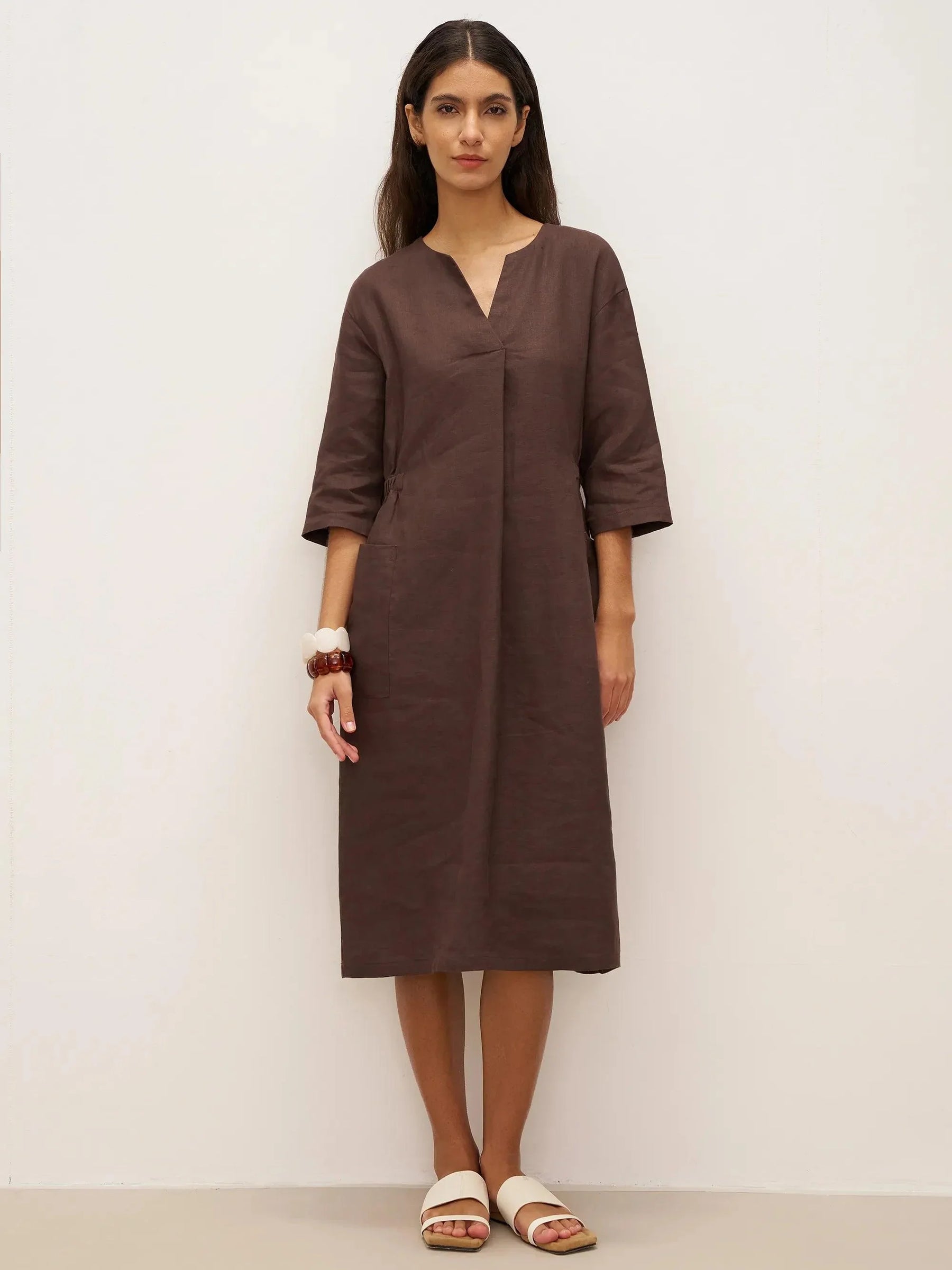 100% Linen V-neck Bell Pocket Midi Dress EVELINA - Glamourous Grace