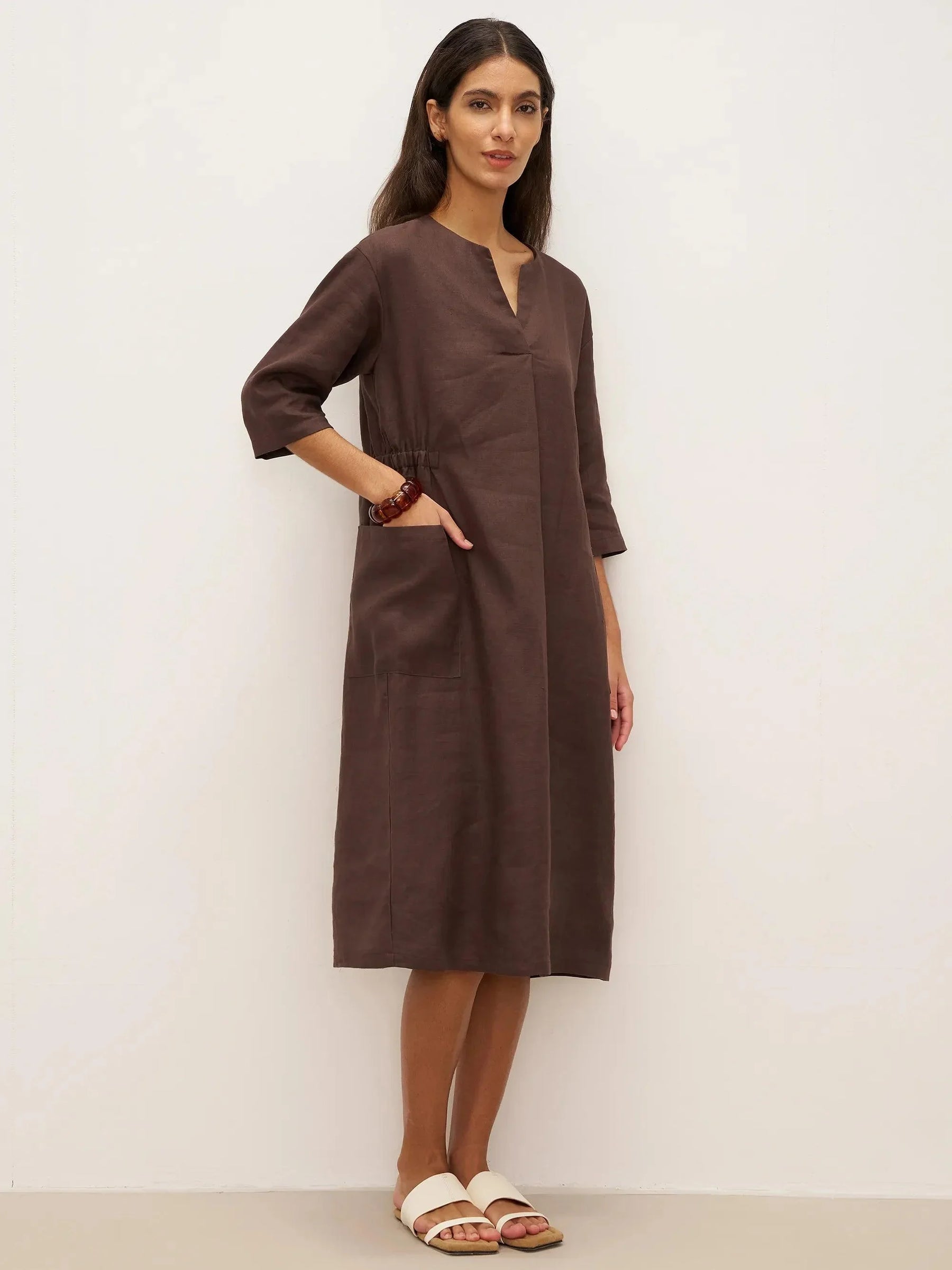 100% Linen V-neck Bell Pocket Midi Dress EVELINA - Glamourous Grace