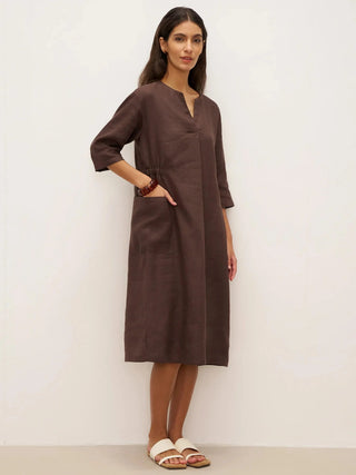 100% Linen V-neck Bell Pocket Midi Dress EVELINA - Glamourous Grace