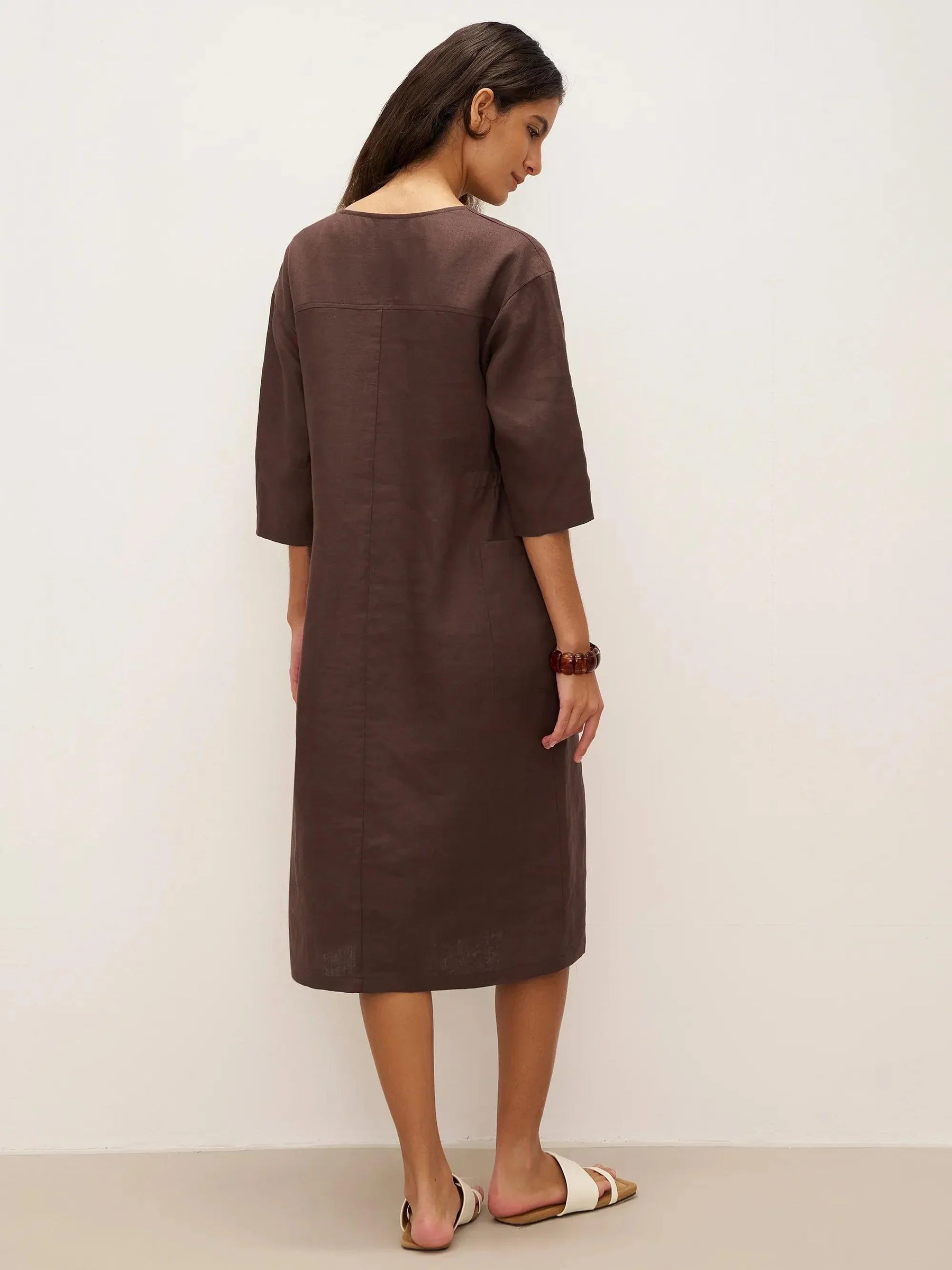100% Linen V-neck Bell Pocket Midi Dress EVELINA - Glamourous Grace
