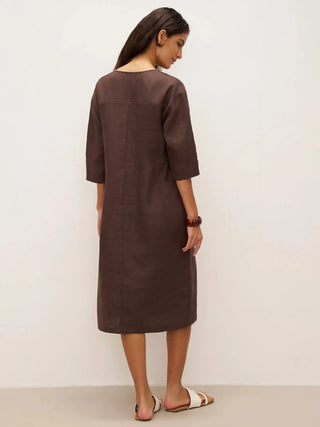 100% Linen V-neck Bell Pocket Midi Dress EVELINA - Glamourous Grace