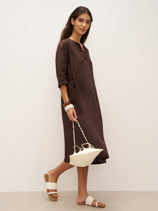 100% Linen V-neck Bell Pocket Midi Dress EVELINA - Glamourous Grace