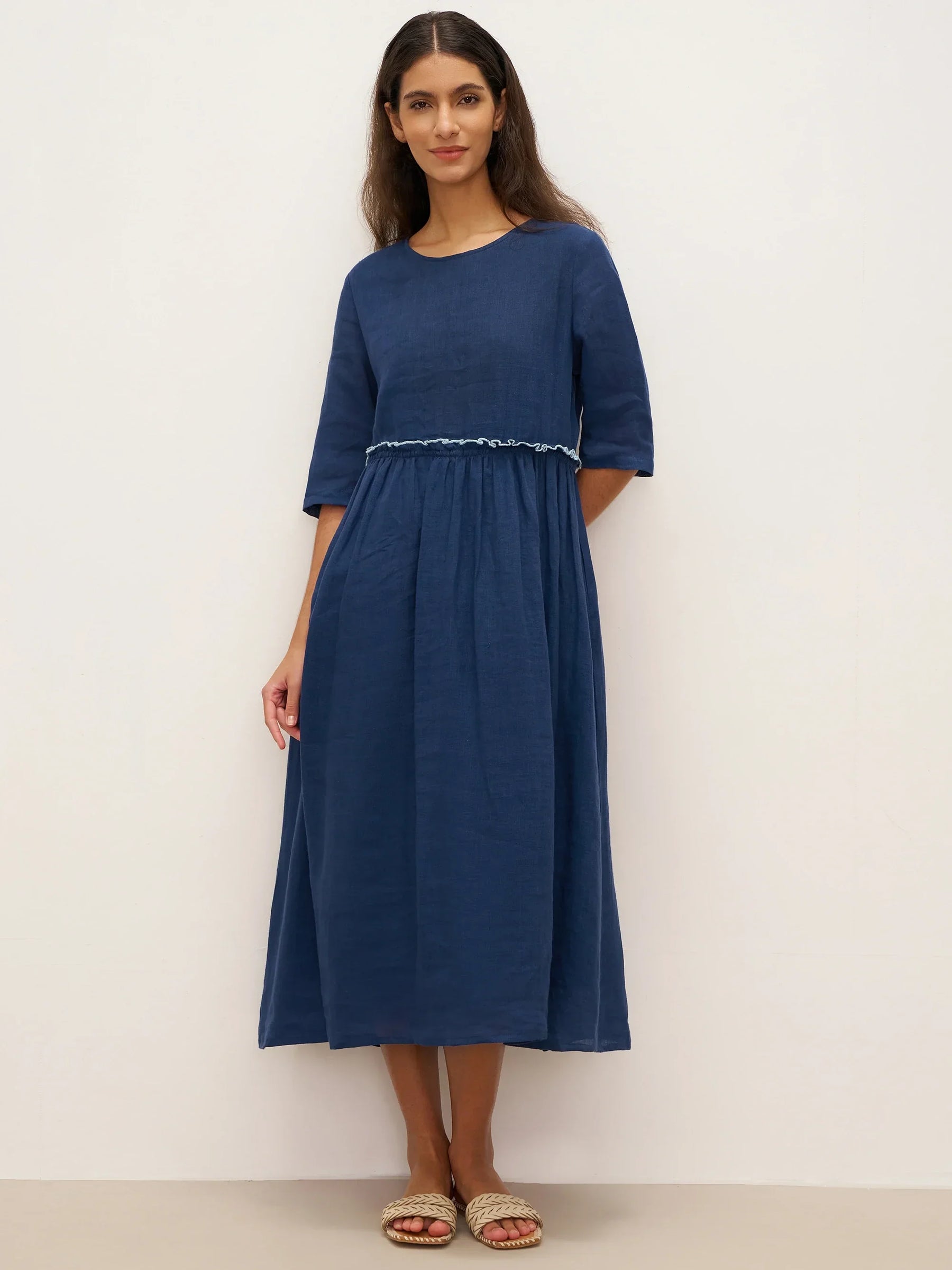100% Linen Petal-Waist Drawstring Midi Dress JASMINE - Glamourous Grace