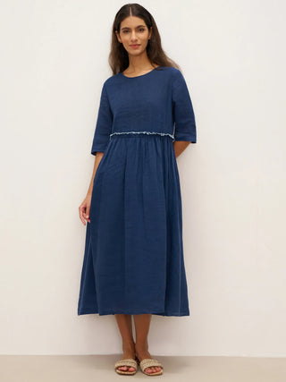 100% Linen Petal-Waist Drawstring Midi Dress JASMINE - Glamourous Grace