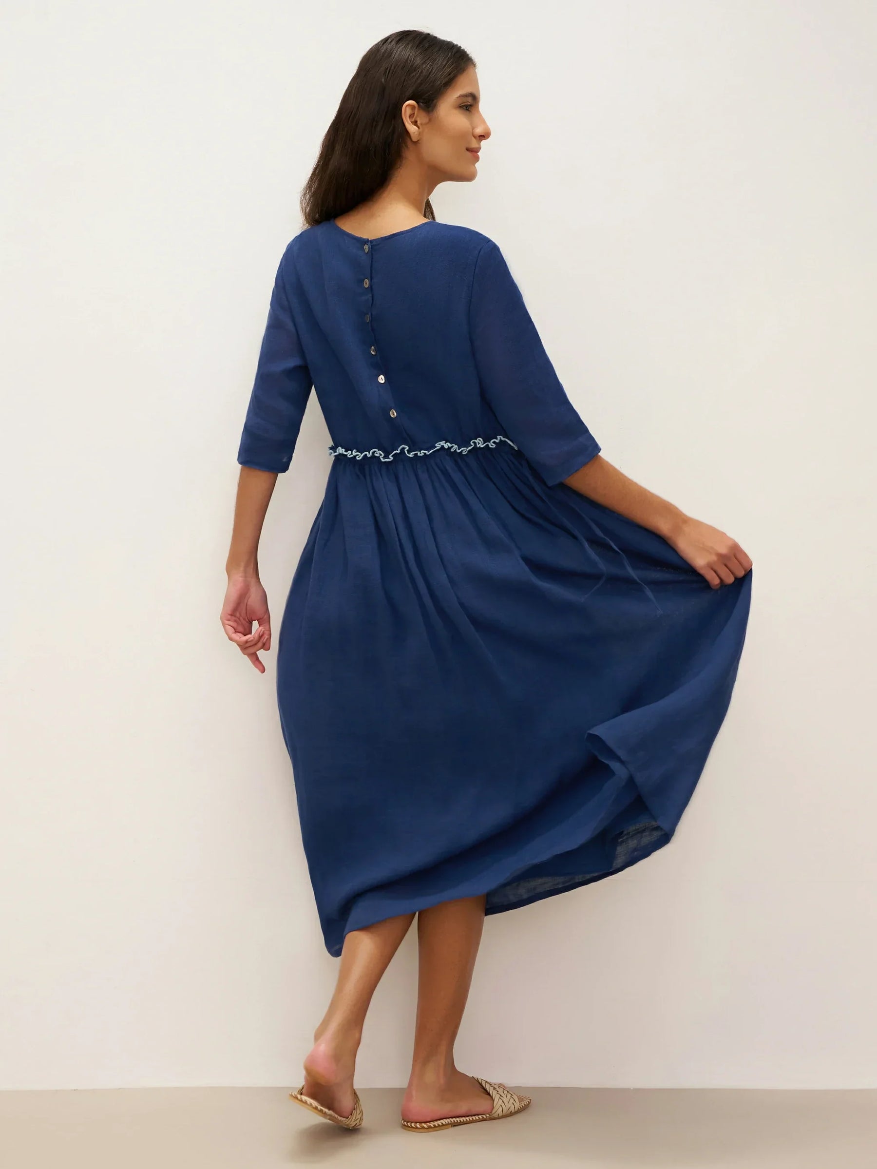 100% Linen Petal-Waist Drawstring Midi Dress JASMINE - Glamourous Grace